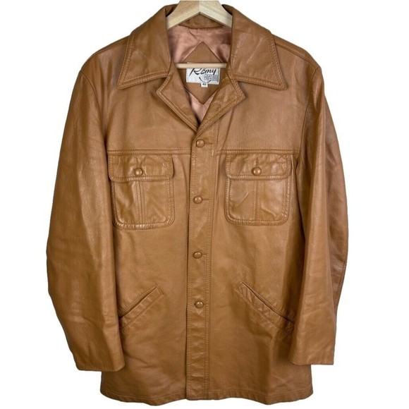 Vtg Remy Leather Jacket Mens Brown Single Breasted 4 Button Blazer Coat Size 40 - Picture 1 of 11